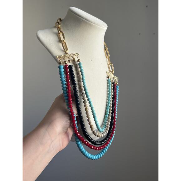 K. Amato Five Strand Beaded Necklace Black & Burgundy Blue Howlite Gold Necklace - Picture 2 of 8